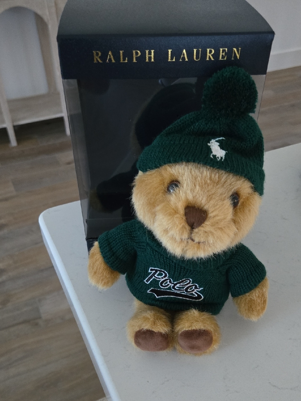 Ralph Lauren Tan Bear Plush in Dark Green Knit Sweater & Beanie